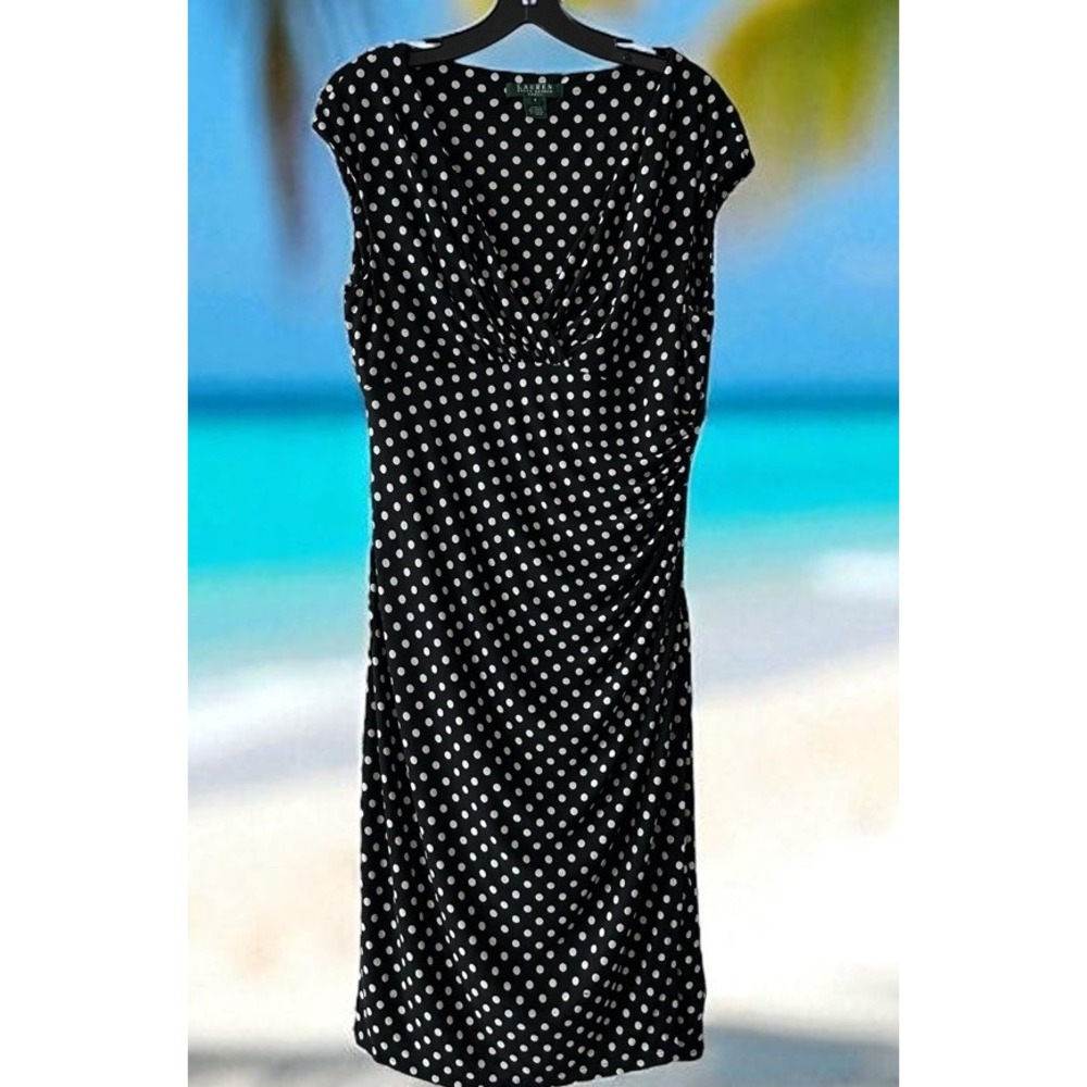 Lauren Ralph Lauren Dress 8 Knee Length Black White Polka Dot Ruched Sheath